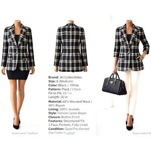 JH Collectibles Blazer Women 8 Black White Wool Blend Tailored Career Office Chi